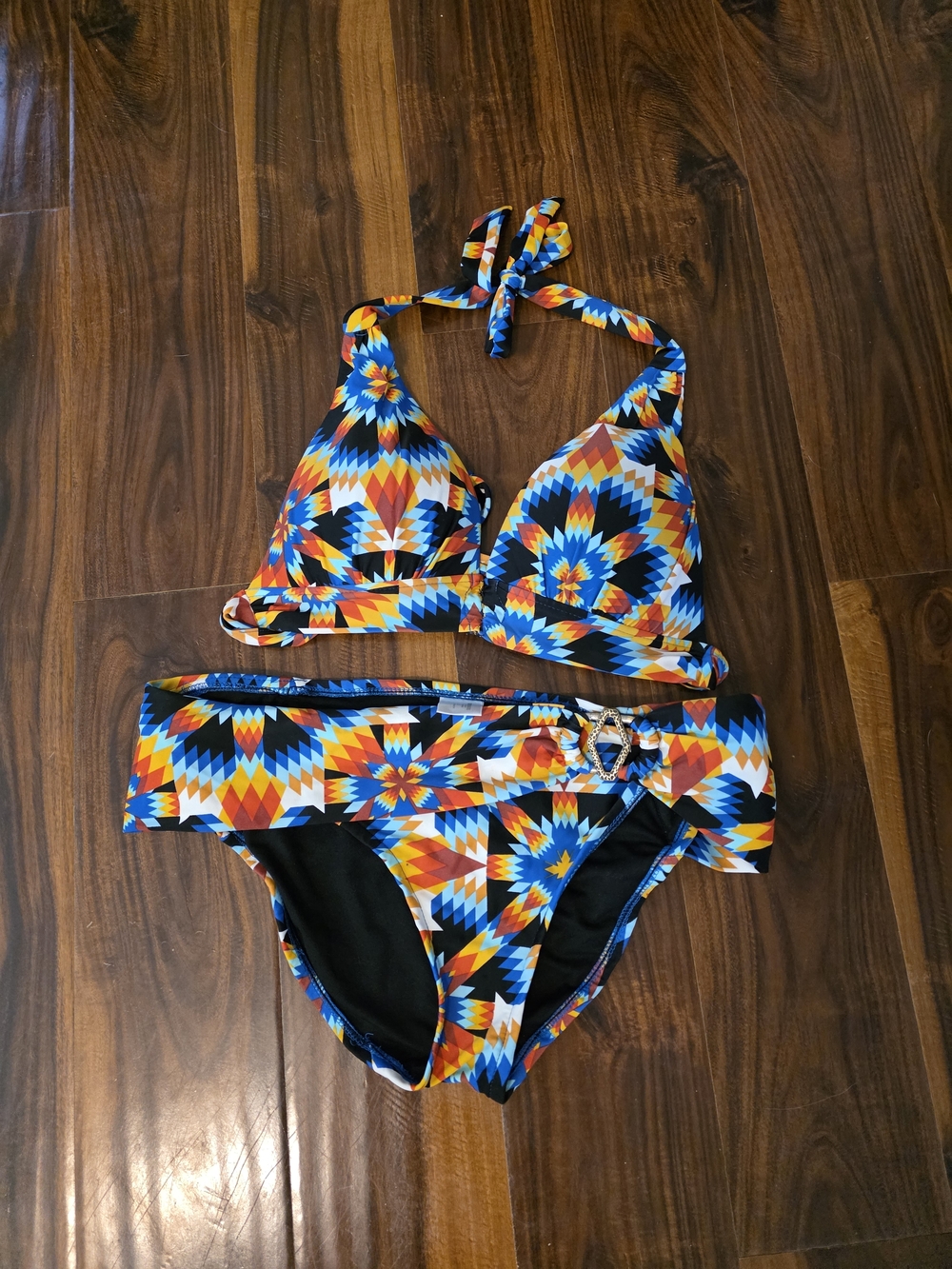 Bisou Bisou Blue, Orange and Yellow Aztec Halter Bikini Top Is M Bottoms L